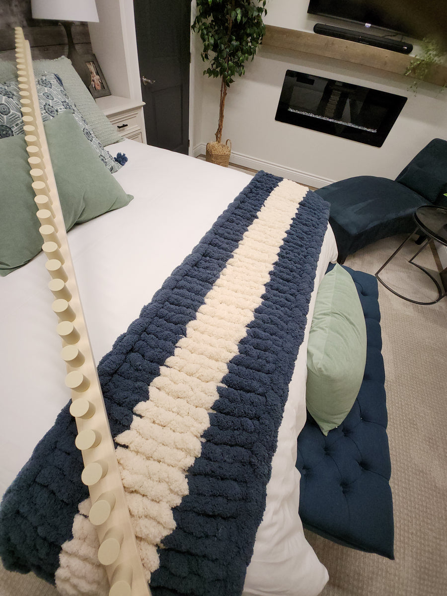 long Jumbo Knitting loom on bed runner